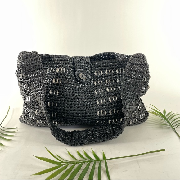 Calvin Klein Black Crochet Pop Top Recycled Shoulderbag Purse - Picture 2 of 10
